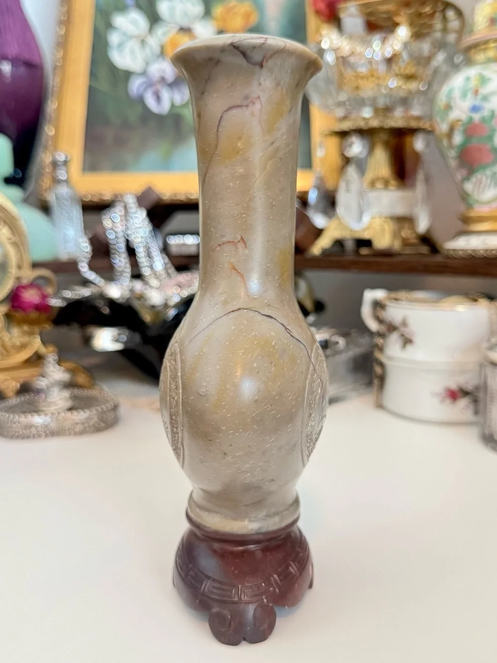 Vintage Chinese Hand-Carved Soapstone Vase – Phoenix & Bat Motif